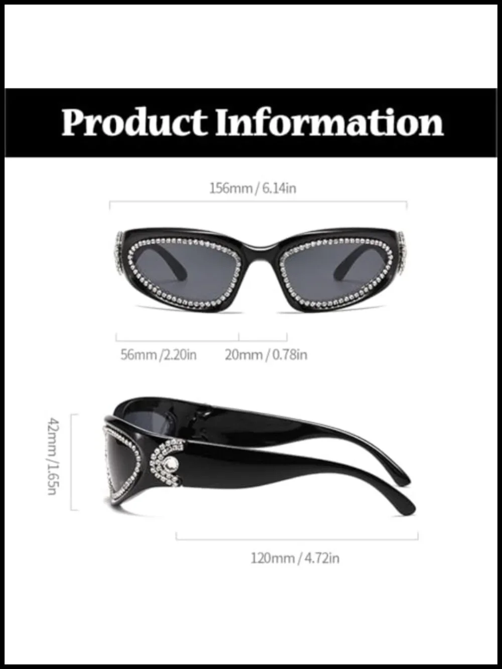 Y2K Rhinestone Wrap Around Sunglasses Oval Bling Punk Shield Shades UV400